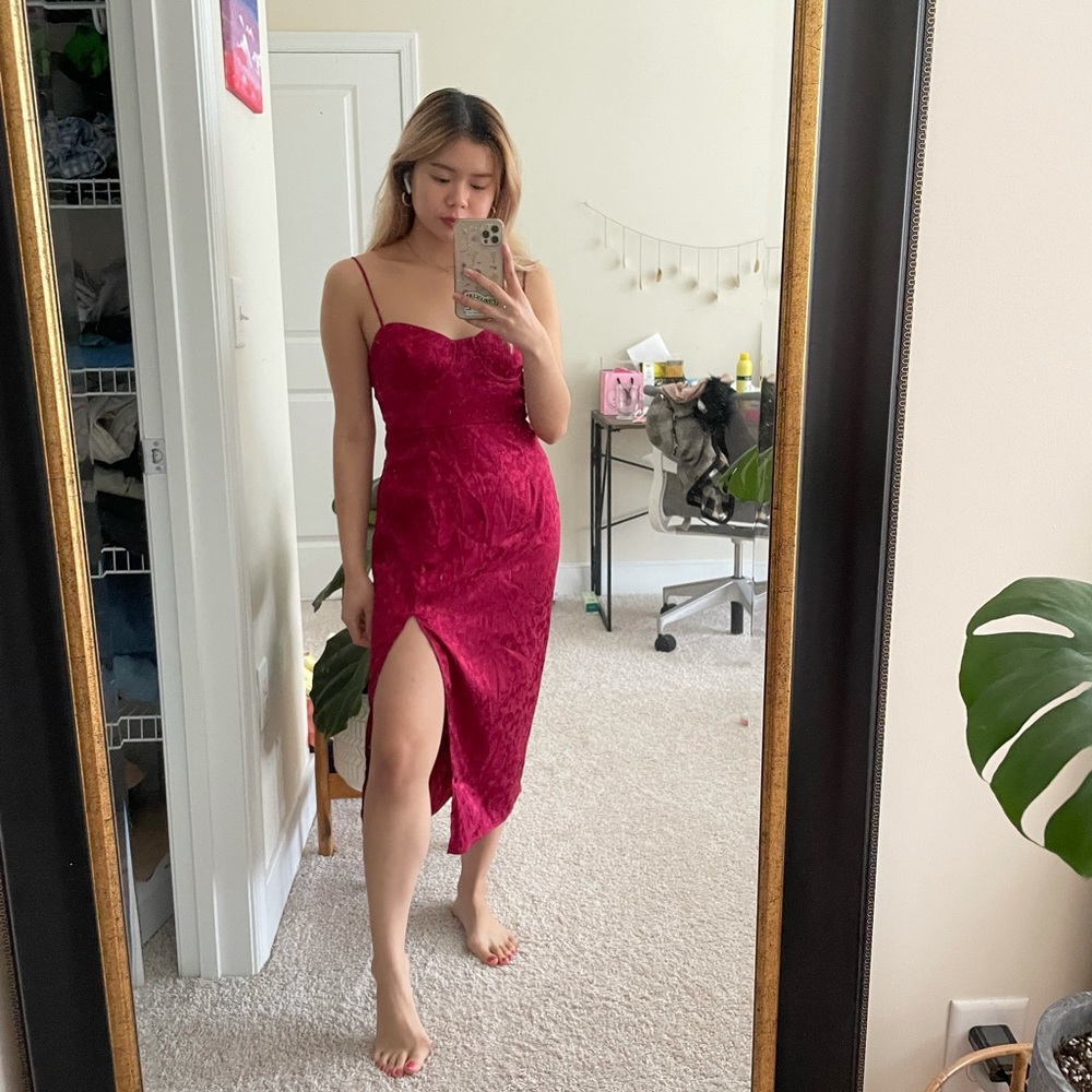 red baroque satin midi dress with high slit